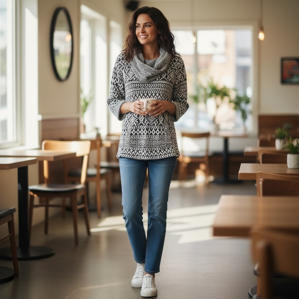 One World Cowl Neck Sweater with Kangaroo Pockets